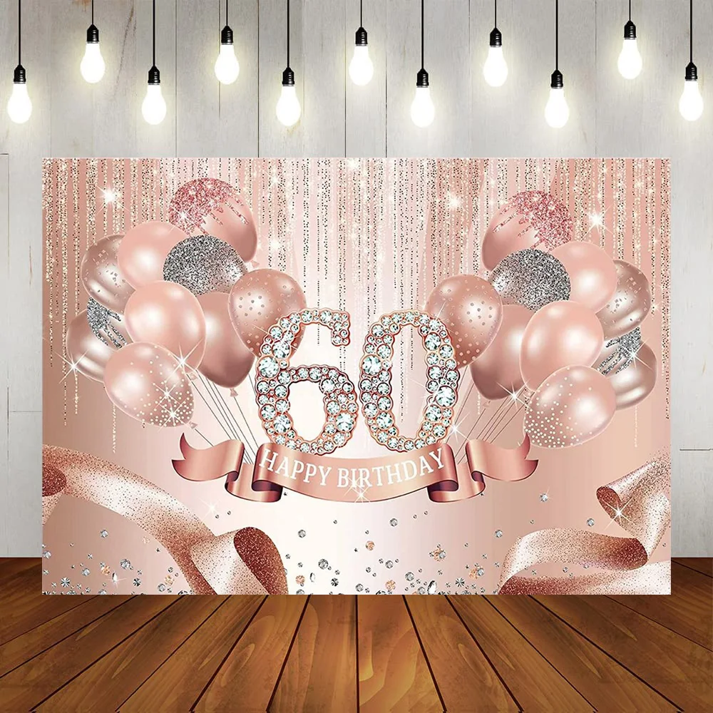 

Happy 60th Birthday Party Backdrop Decoration Pink Silver Balloon Diamond Photography Booth Background Sixty Anniversary Poster