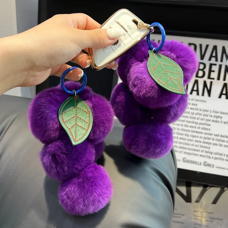 

Grape New In Real Fur Handmade Cute Key Chains Keychains Bag Accessory Car Handbag Keychain for Women Girls Keyrings Gifts