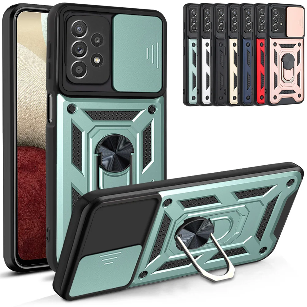 

Slide Camera Armor Shockproof Case Ring Stand for Samsung Galaxy A52 A52S M33 M53 A53 A 52S 5G A72 A12 S22 Ultra Plus S21 S20 FE