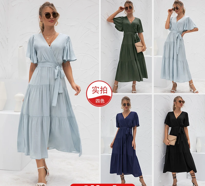 

Elegant Layered Summer Dress for Women Fashion Solid belt Soft Silk Maxi Dresses Casual Wedding Guest High Waist Long Robe 2022