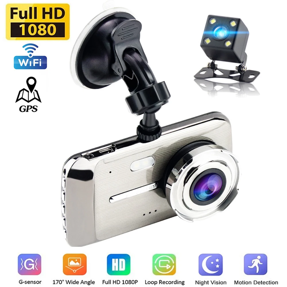 

Автомобильный видеорегистратор, 4,0 дюйма, Full HD 1080P, Wi-Fi, камера заднего вида, черный ящик, видеорегистратор, датчик парковки, GPS-трекер