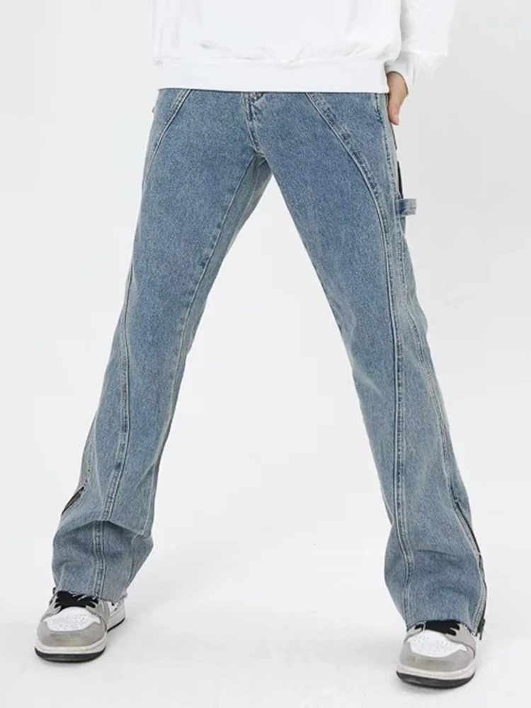 Retro Blue Flared Jeans Men's Baggy Pants Street Clothing Loose Jeans Stitching Design Casual Denim Trousers Y2k Men’s Jeans