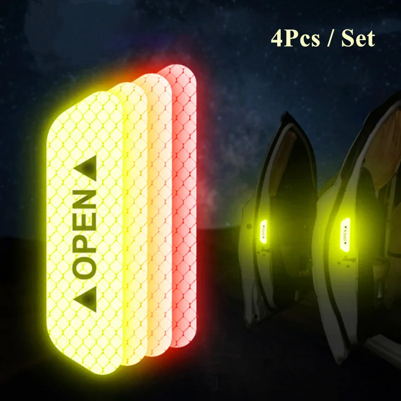 

4Pcs/Set Car Door Stickers DIY Car OPEN Reflective Tape Warning Mark Reflective Open Notice Bicycle Accessories Car Decoration