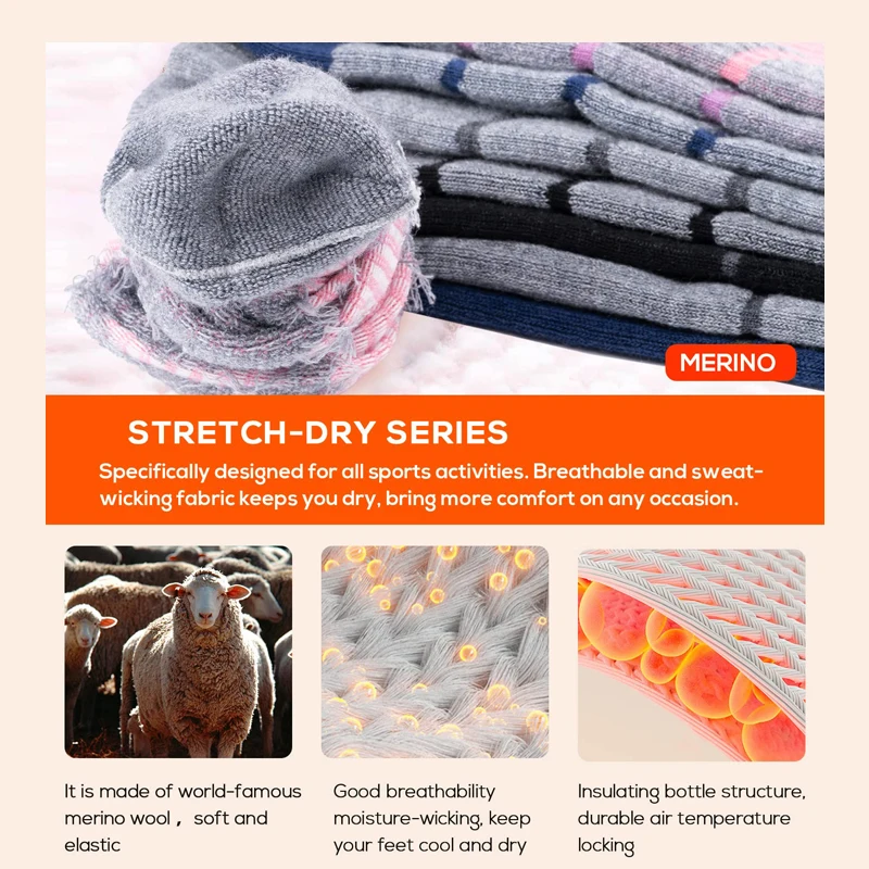 Merino Wool Thermal Ski Socks for Men Women Winter Long Warm Skiing Snowboarding Outdoor Sports Performance Stocking Hiking