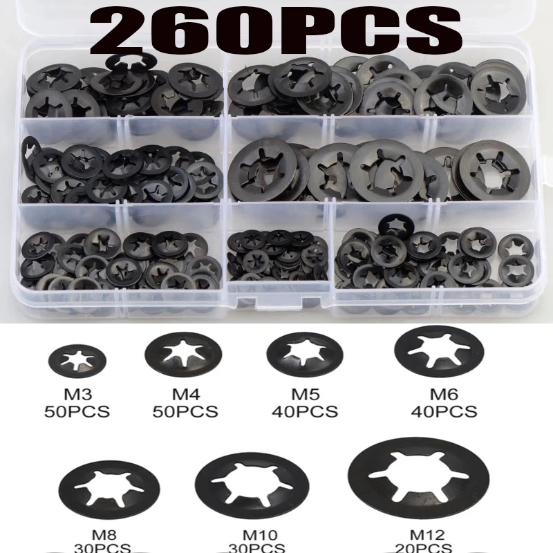 

260Pcs M3 M4 M5 M6 M8 M10 M12 Push-on Locking Washers Star Nut Metal Quick Speed Star Nut Locking Fastener Assorted Kit