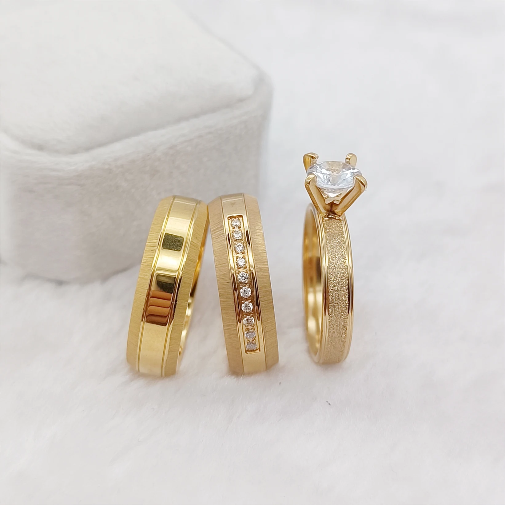 

Unique 3pcs Marriage Promise Wedding Engagement Rings Sets For Couples Lovers Alliance 24k Gold Plated Jewelry Ring