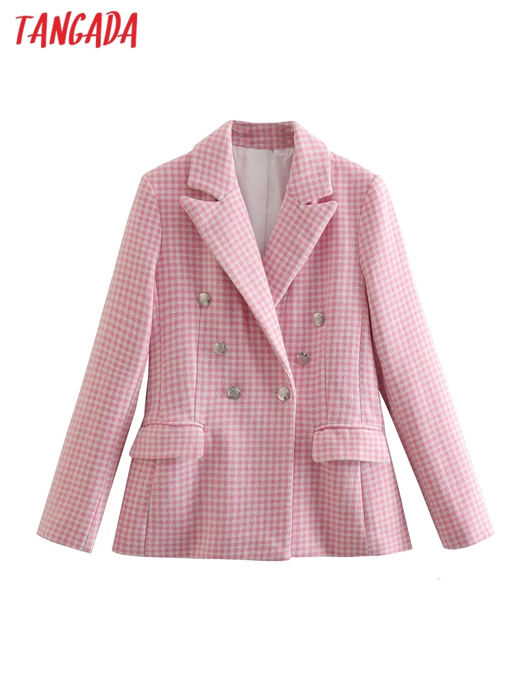 

Tangada women pink plaid tweed blazer female long sleeve elegant jacket ladies thick blazer formal suits 5Z130