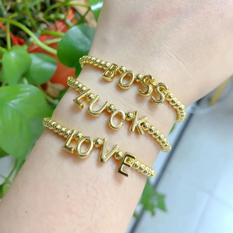 

10Pcs Fashion Letter Bracelet Jewelry Gold Plated Love Luck Boss Copper Round Bead Elastic Friendship Bracelets For Gifts