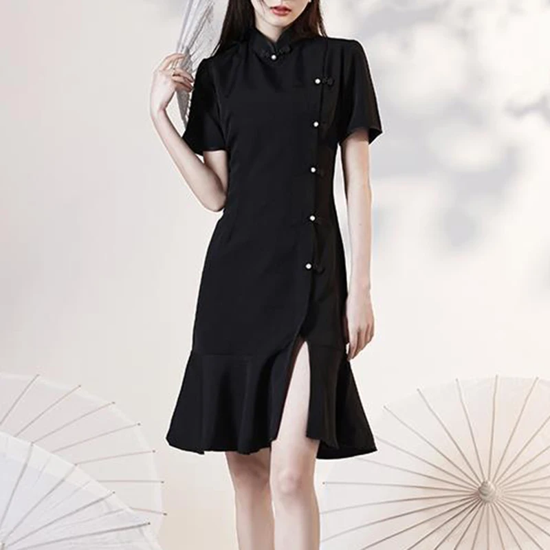 

Young cheongsam dress girl 2021 new summer summer black fishtail retro sexy dress women vintage bodycon dress