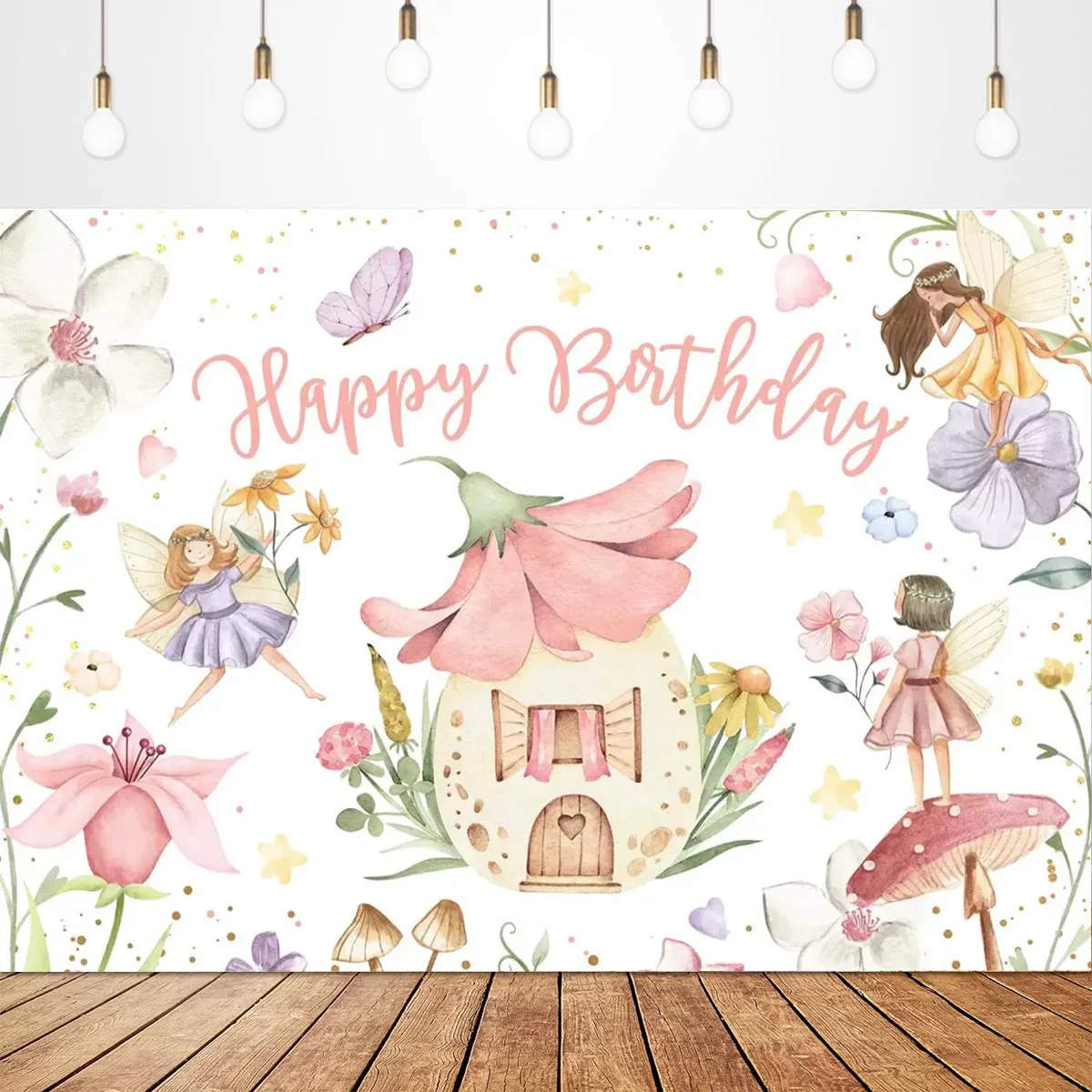 

Цветы Фея Грибной Дом Эльф Бабочка Сказочный Фон Девушка 1-й День Рождения Украшения Баннер Baby Shower ФотоProp