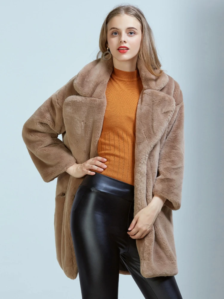 Fashion Turn Down Collar Long Sleeve Hidden Buckle Faux Rabbit Fur Coat Women 2022 Winter Casual Loose Warm Furry Teddy Coat