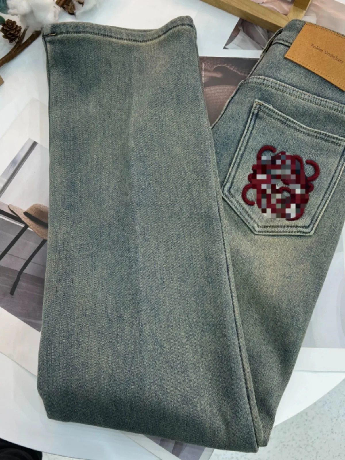 Plus Size Plus size European Goods Embroidered Straight Jeans Pear-Shaped Autumn and Winter New Chubby Girl High Waist Slimmi...