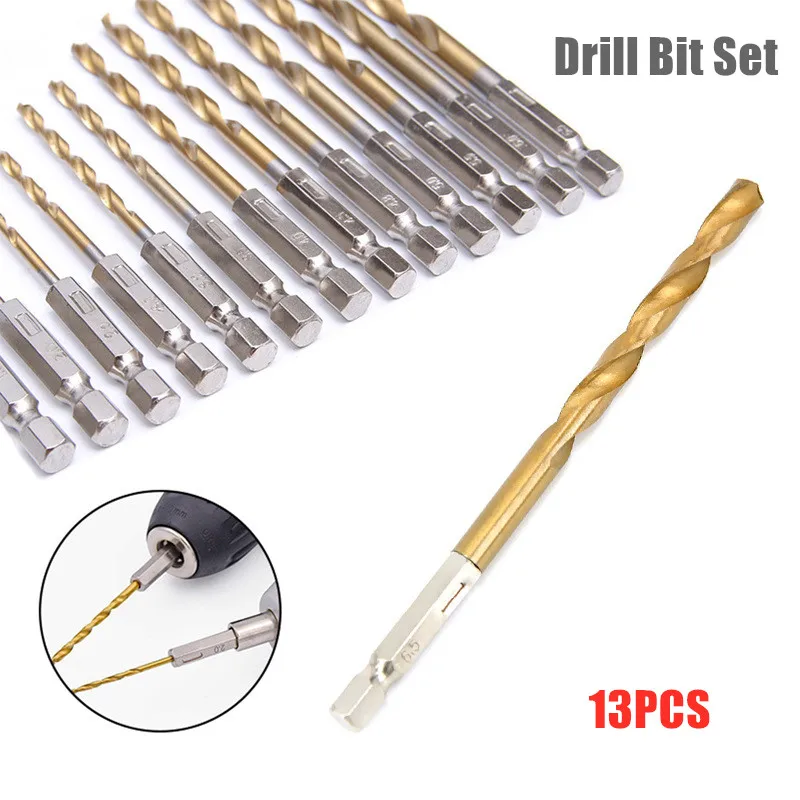 

13Pcs/Set 1.5mm-6.5mm Hexagonal Handle Twist Drill Set High Speed Steel Titanium Coated Rustproof Drill Bit Set 1/4 Hex Shank