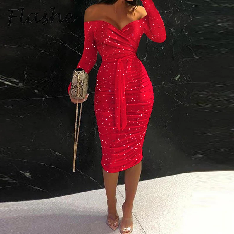 

Sexy Dresses For Women Elegant Long Sleeve Bodycon Dress Women Autumn Off Shoulder Lace Up Red Party Dress Casual Clubwear