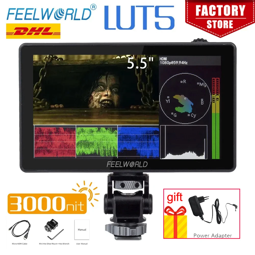 

FEELWORLD 5.5 Inch 3000nit Ultra Bright Touch Screen Camera DSLR Field Monitor 4K HDMI Instal Kit for Gimbal Rig Youtube LUT5