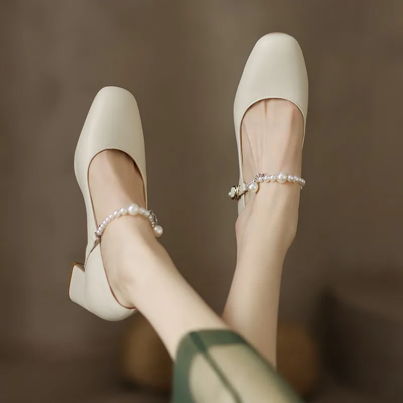 

Elegant Women Pumps Fashion High Heels Spring Autumn New 2022 Square Toe Pearls Block Medium Heel Lady Party Shoes Large Size 43