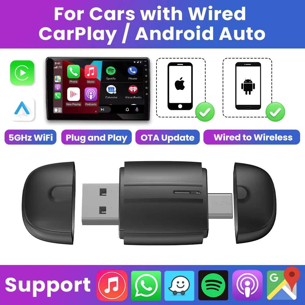 

Android Auto Wireless Carplay Type-c USB Bluetooth Wi-Fi Plug and Play 2в1 Dongle для Chevrolet Citroen Buick Cadillac Chery VW