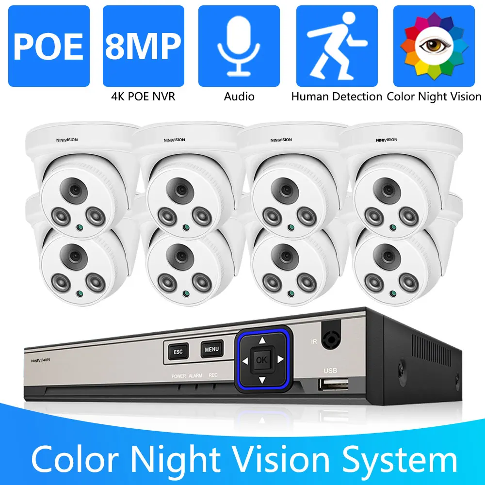 

8CH 4K POE Video Surveillance Cameras System Spotlight Dome Audio 8MP NVR Kit CCTV Outdoor 8MP IP Camera H.265 Security Set