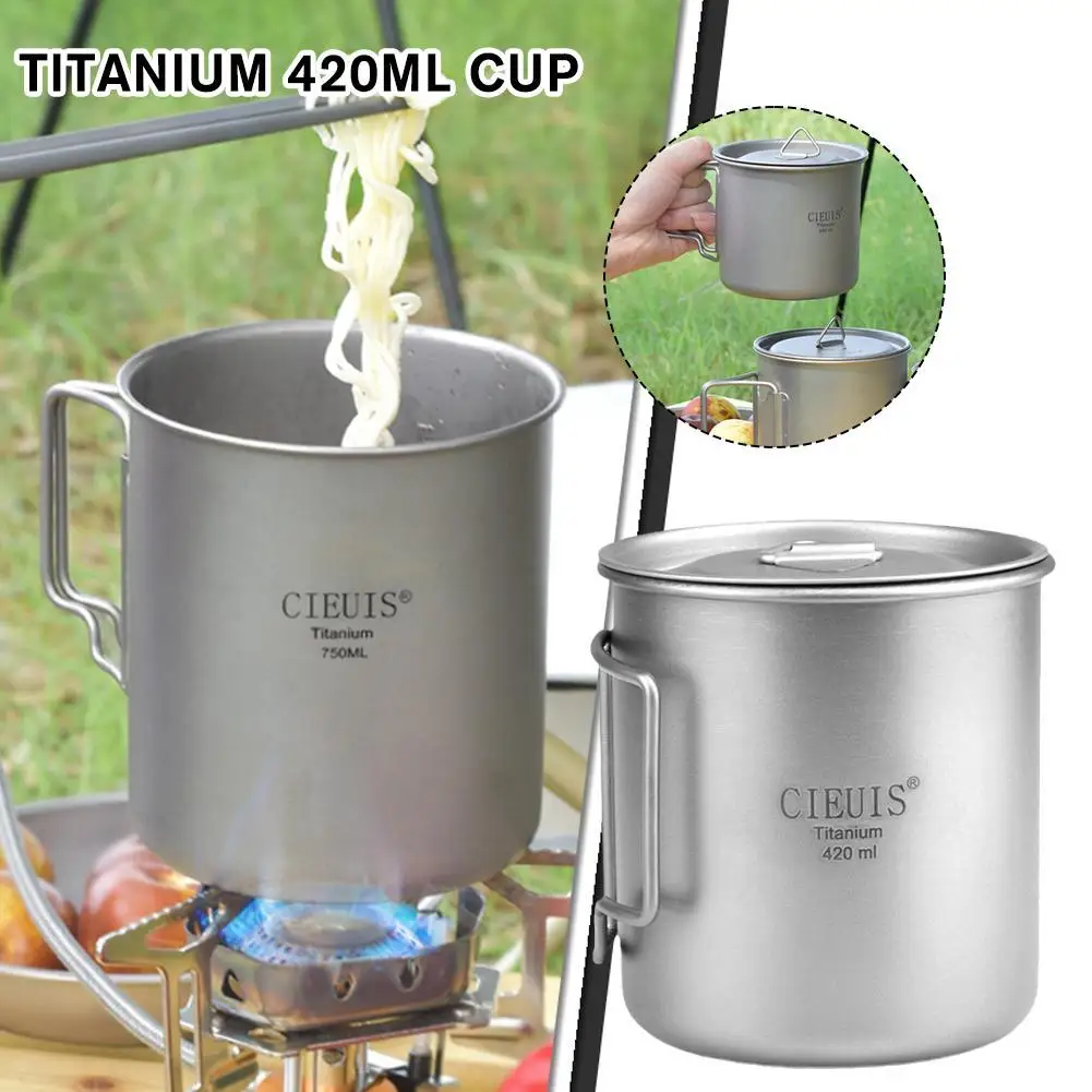 

1pcs Pure Titanium Cup Travel Mug Foldable Handle 420ml Outdoor Camping Hike Picnic Tableware Dinnerware Water Utensils