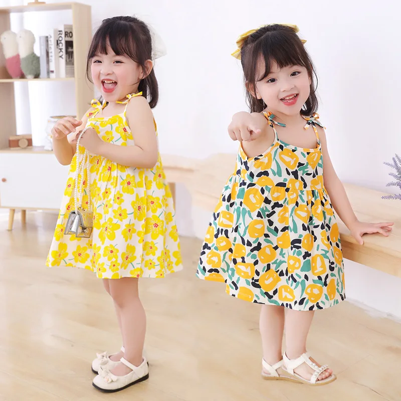 

New Summer Baby Girls Dress Children Ins Style Sling Sleeveless Printing Princess Dresses Floral Casual Skirt Cotton Clothes