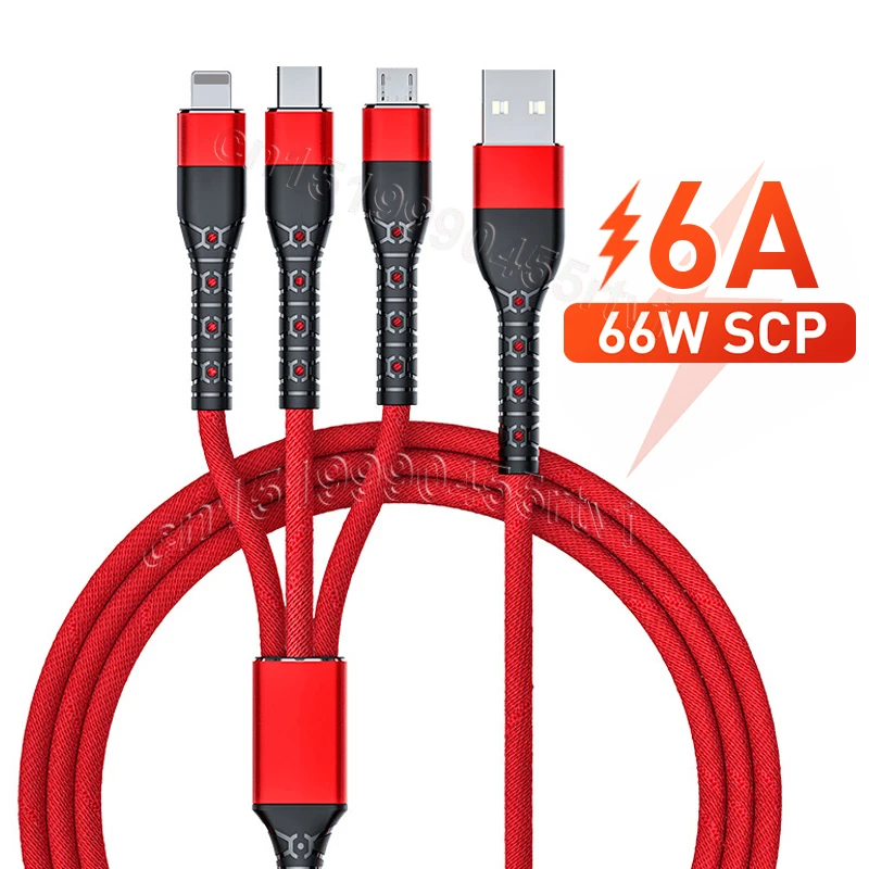 

3 in 1 USB Data Cable 6A 66W SCP for Huawei Mate 40 Pro Micro USB Typec 3in1 2in1 USB Charger Charging Cable for iPhone 13 12 11