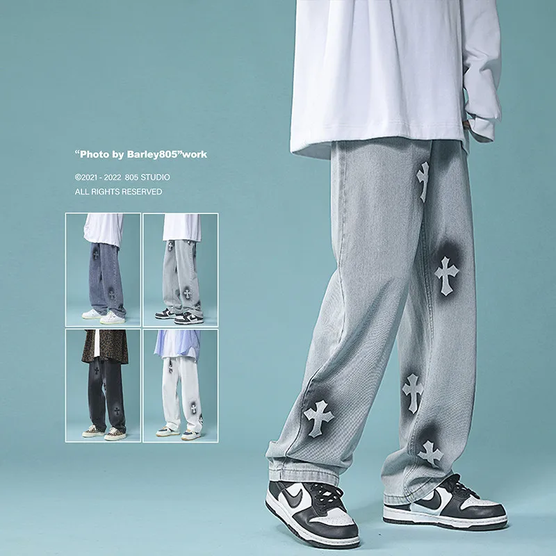 Men's Denim Pants Fashion Loose Wide Leg Jeans Casual Streetwear Printed Cross Trousers Pure Cotton Pants Baggy Men Jeans