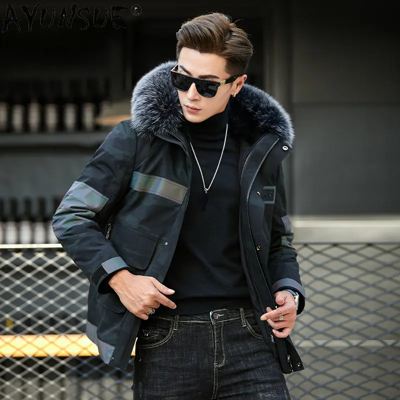 

AYUNSUE Warm Fur Parkas Winter Mens Fur Jacket Coat Rabbit Fur Liner Jackets for Men Clothing Fox Fur Collar Coats Parka SGG774