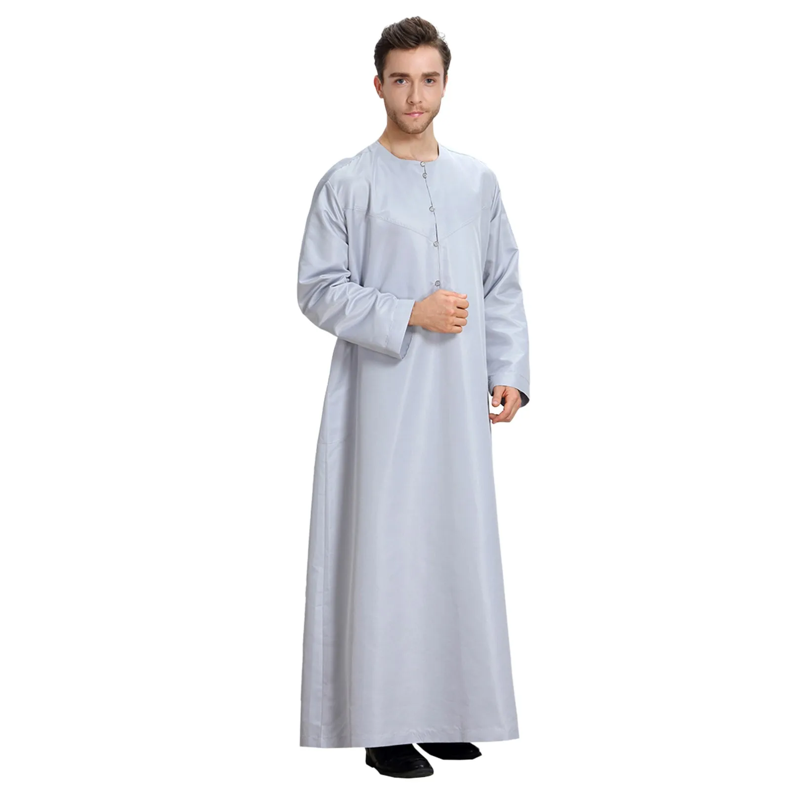 Men's Casual Muslim Arab Middle Solid Color Round Neck Long Sleeve Robe Pullovers Baggy