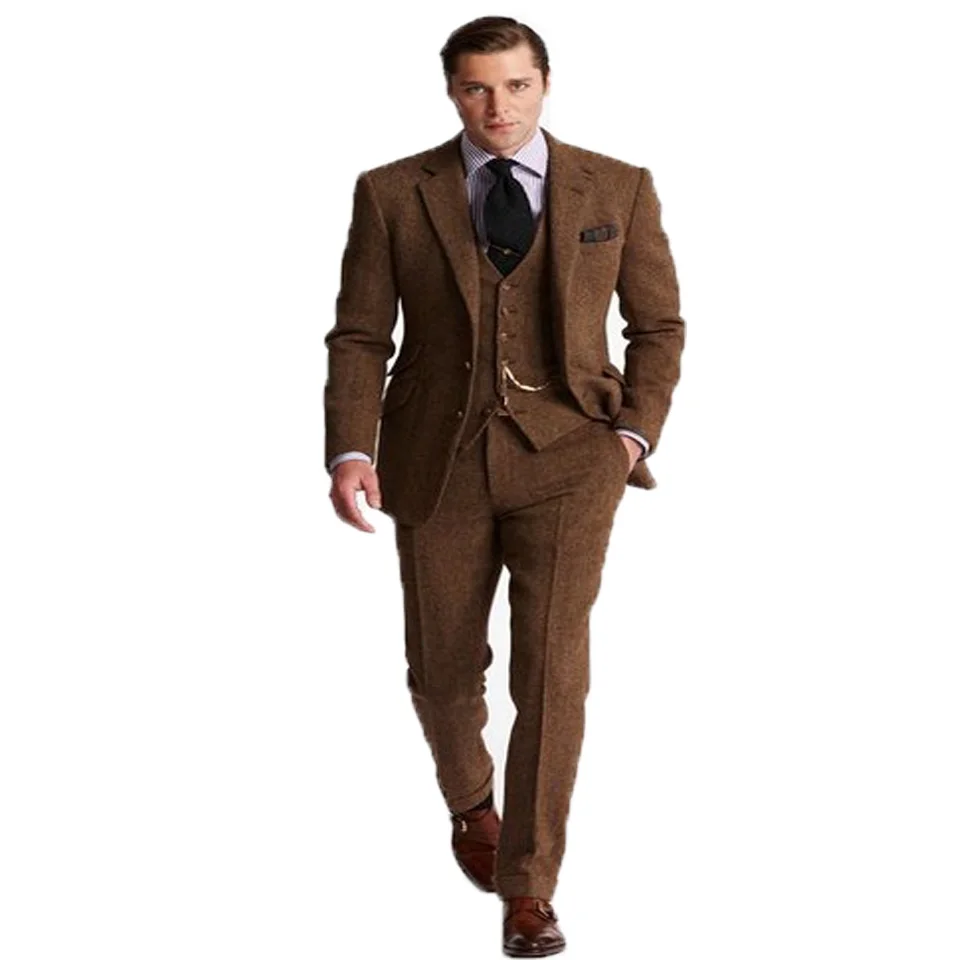

2020 Latest Coat Pant Designs Brown Tweed Men Suit Slim Fit 3 Piece Tuxedo Custom Style Groom Blazer Prom Suits Terno Masculino