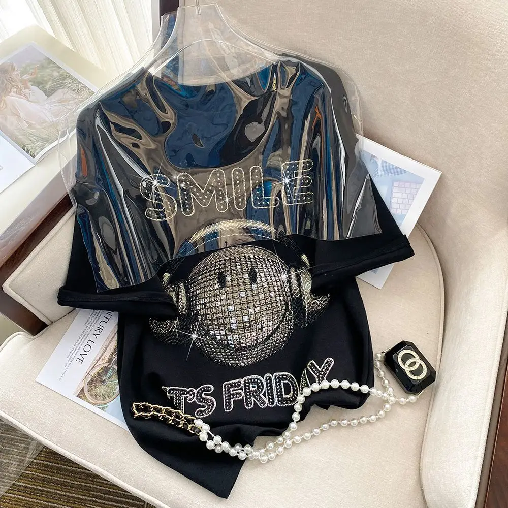 

Pure Cotton Fashion Short Sleeve T-shirt For Women Diamond-studded Decoration Cartoon Pattern Tee Loose Casual Spring Summer Top