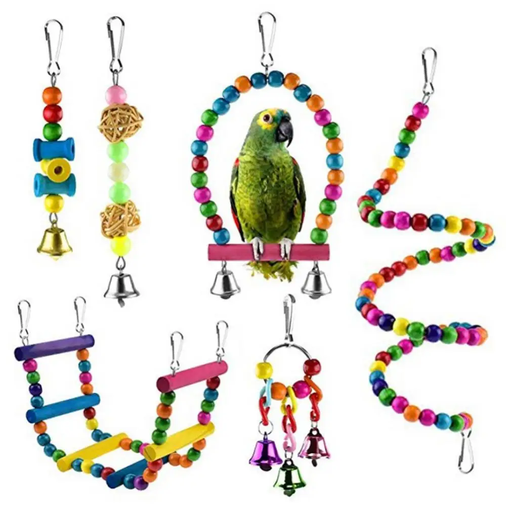 

Колокольчик игрушечный подвесной жевательный 6 шт. Птица Попугай лазание лестницы качели стоячие игрушки веревки