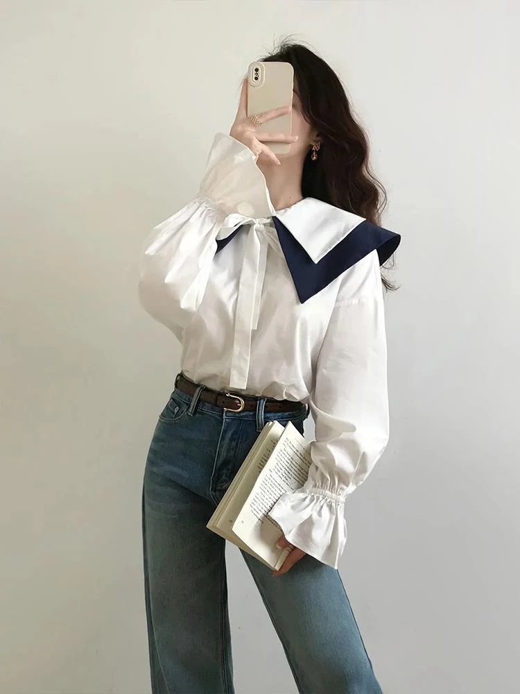 2023 весенняя новая женская белая рубашка с длинным рукавом в японском стиле