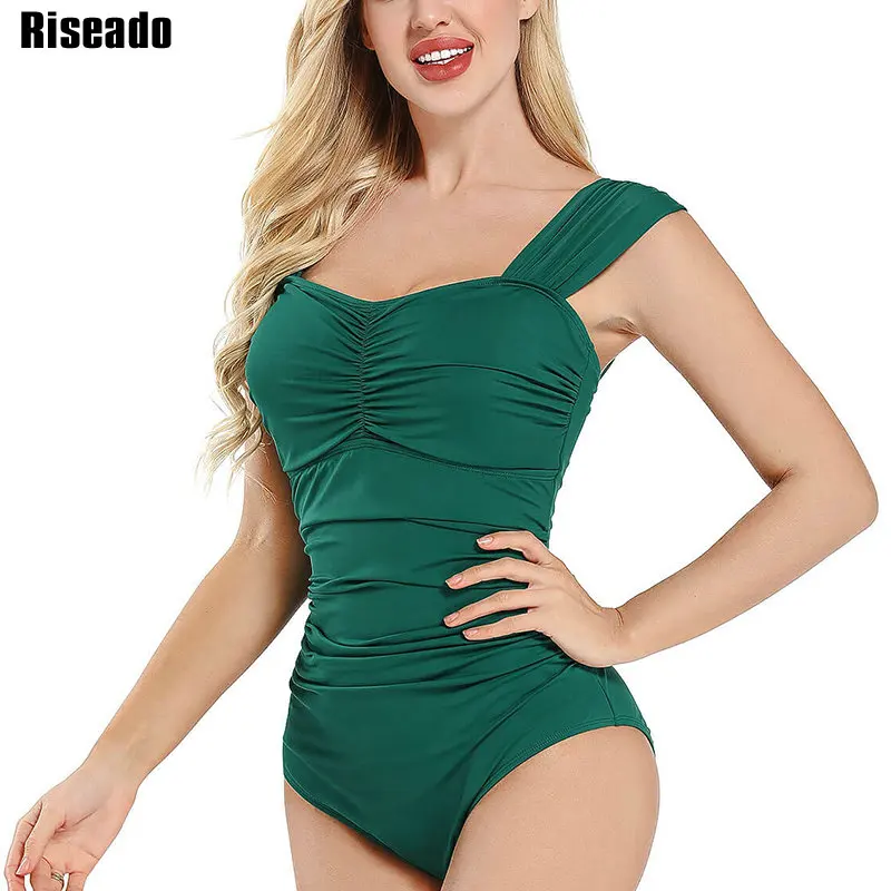 

Riseado сексуальный слитный купальник с рюшами 2022 Новый однотонный купальник с широкими бретелями женский купальный костюм боди купальный кос...