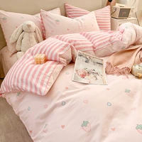 cute strawberry flower korean bedding set twin full queen size four piece cotton fitted bedding sheet pillowcase duvet cover set