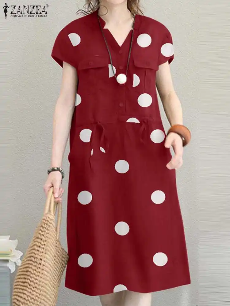 

2023 ZANZEA Women Vintage Polka Dot Printed Sundress Summer Bohemian Beach Holiday Dress Loose Casual Knee-length Vestido Kaftan