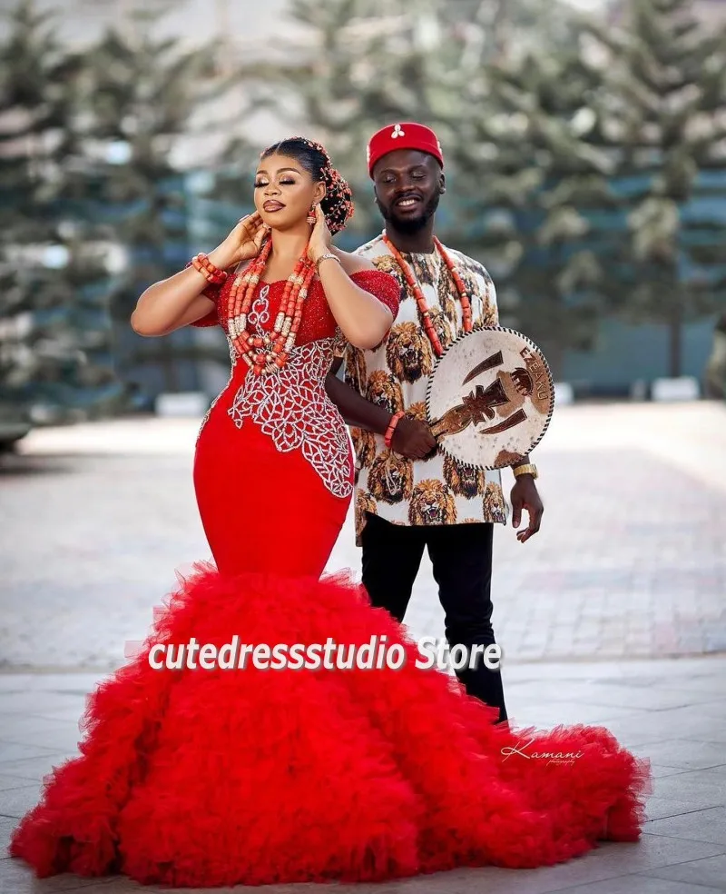 

Gorgeous Traditional African Red Wedding Reception Party Dresses Women Evening Gowns Off The Shoulder Beading Sequin Bride Prom