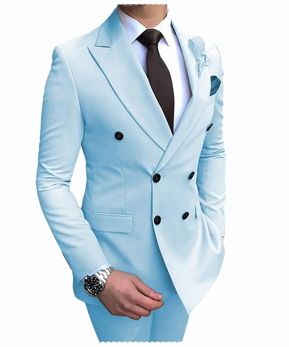 2022 New Beige Men's Suit 2 Pieces Double-Breasted Notch Lapel Flat Slim Fit Casual Tuxedos For Wedding(Blazer+Pants)