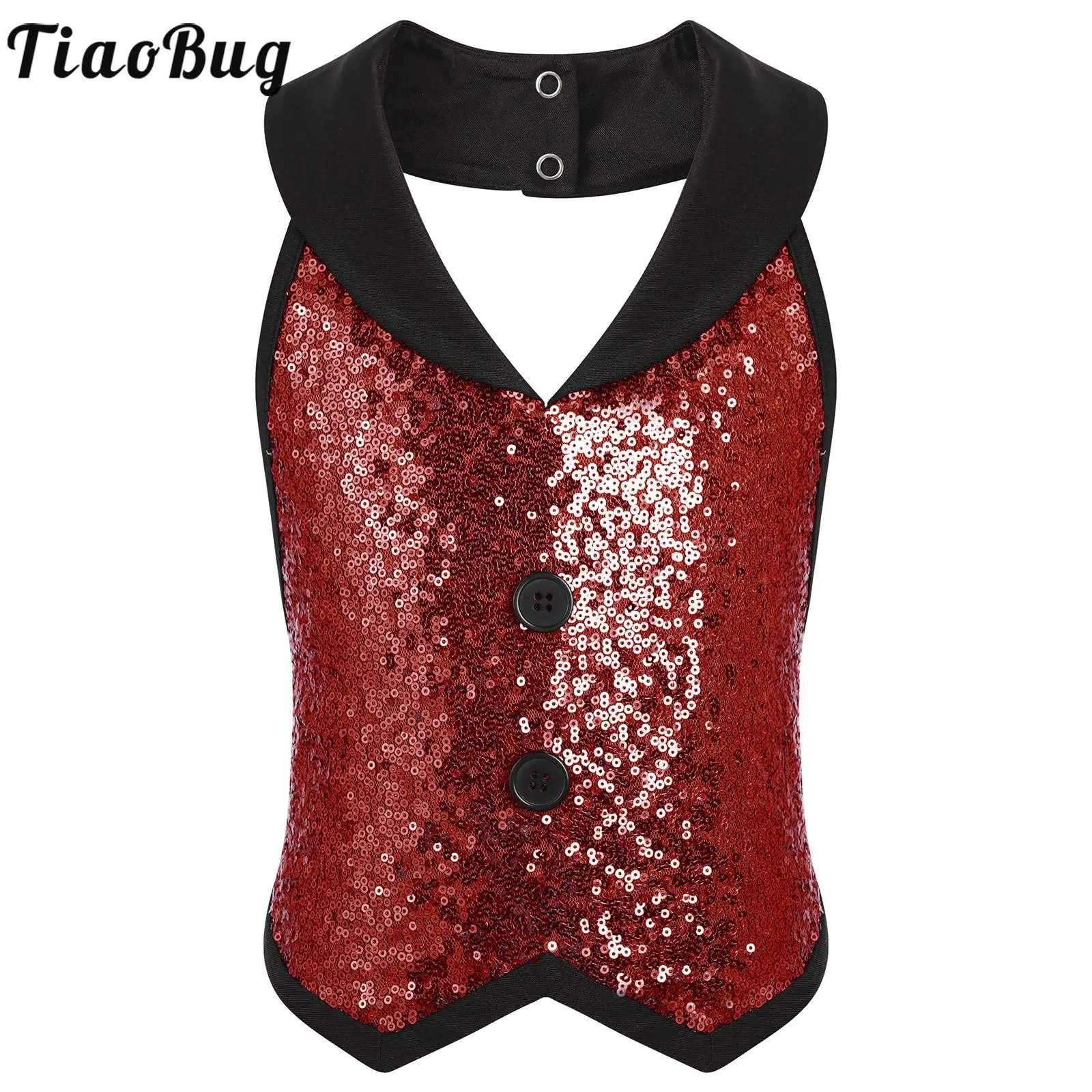 

Jazz Latin Tap Dance Vest Waistcoat for Boys Kids Sparkling Sequins Decorated V Neckline Backless Dance Performance Vest