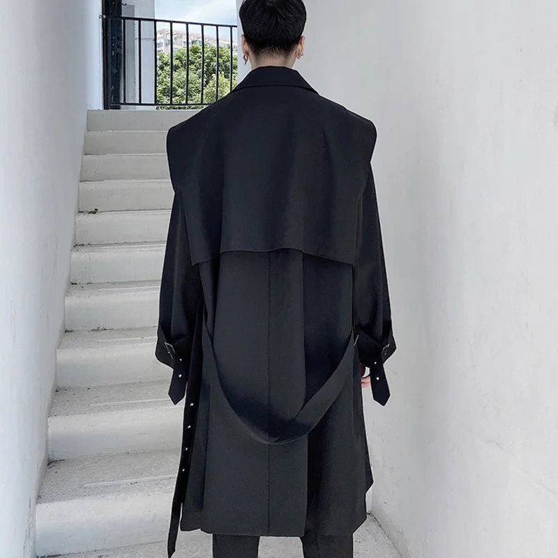 

Men's Wear Strap Design Function Mid-length Trench Coat For Male Profile Over-knee Coat Autumn Black Zipper Windbreakers