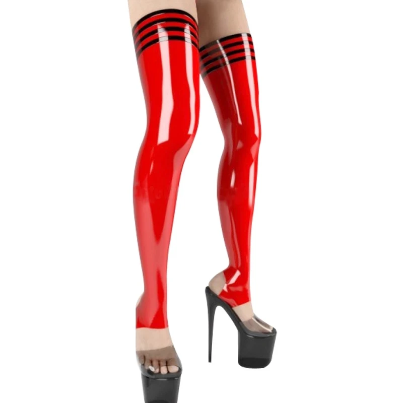 

Latex Rubber Gummi Stocking Red with Black Trims Thigh-highs Socks Customized 0.4mm Sexy Catsuit for Women