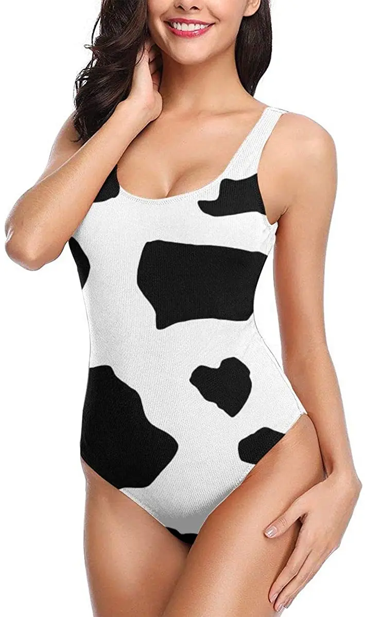 

Women's White Cute Swimsuits One-Piece Cow Print Backless Bikini Sexy Girl Summer Pool Swimwear Bathing Suit