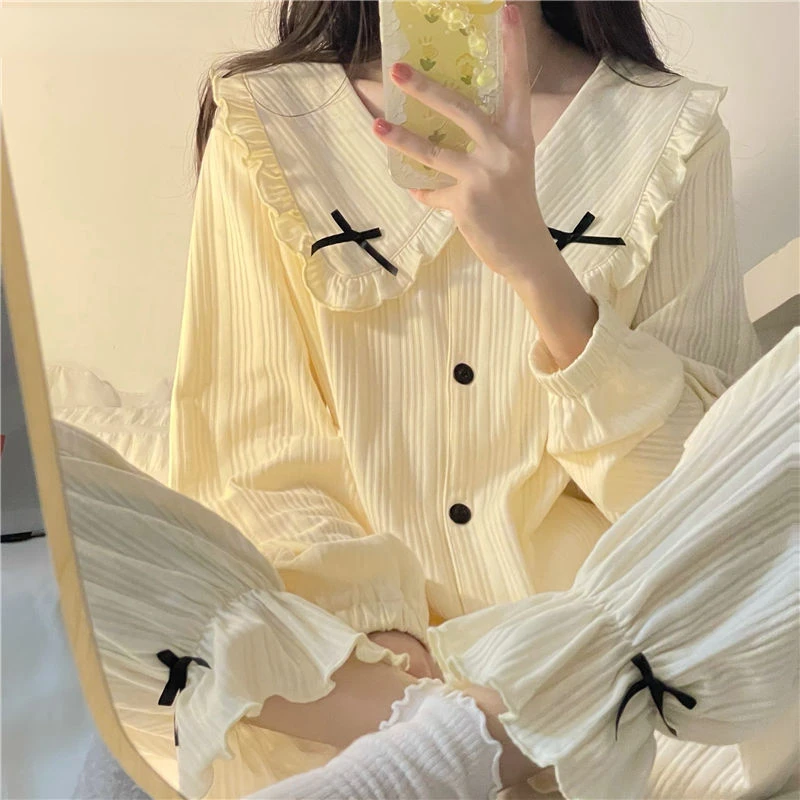

Sweet Long Sleeve Pajama Sets Women Loose Casual Stylish Chic Homewear Single Breasted Ins Popular Cute Bow Princess Nightwear