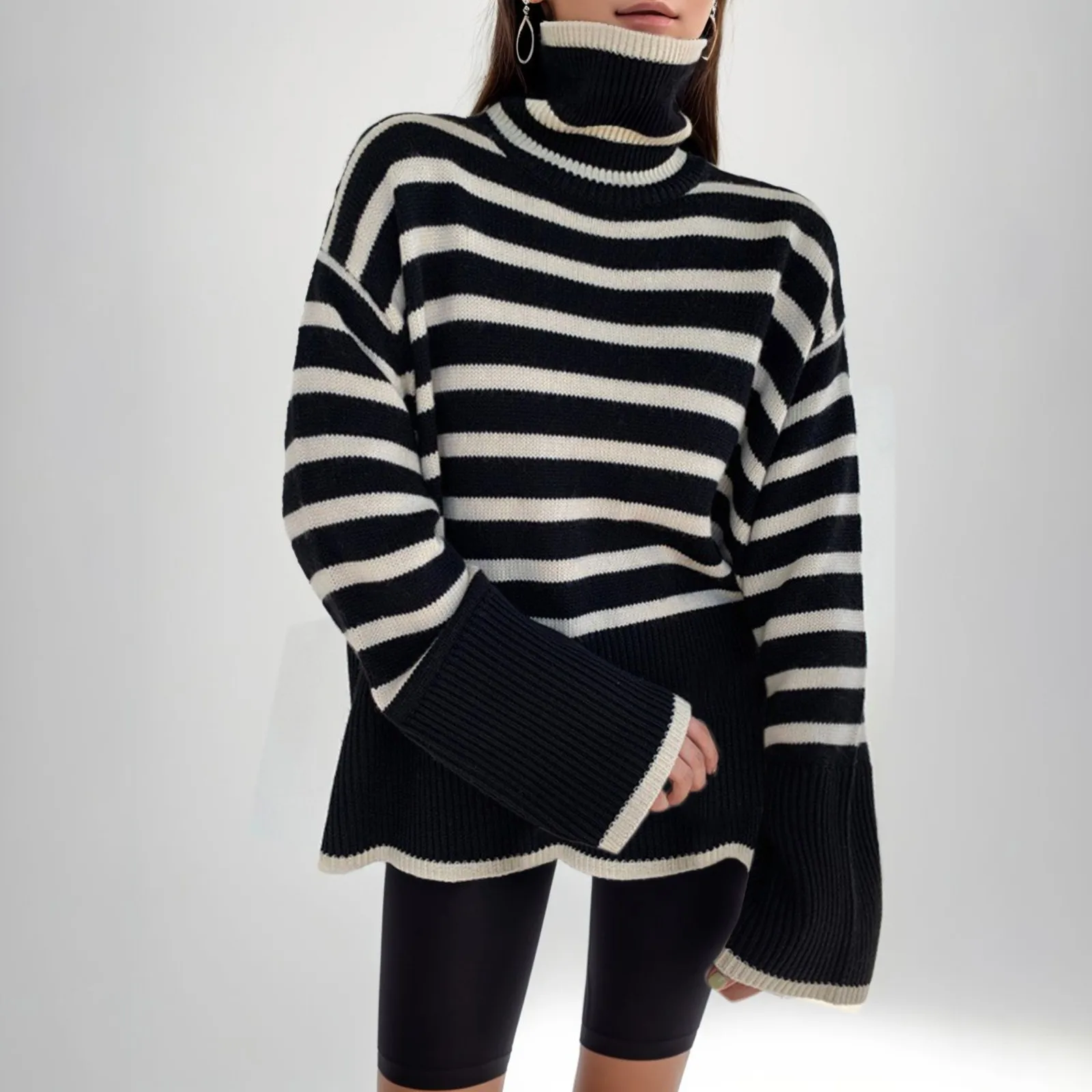 

Womens Fall Winter Casual Oversized Long Sleeve Striped Sweater Crew Neck Ribbed Knit Side Slit Knit Knitwears Pullovers