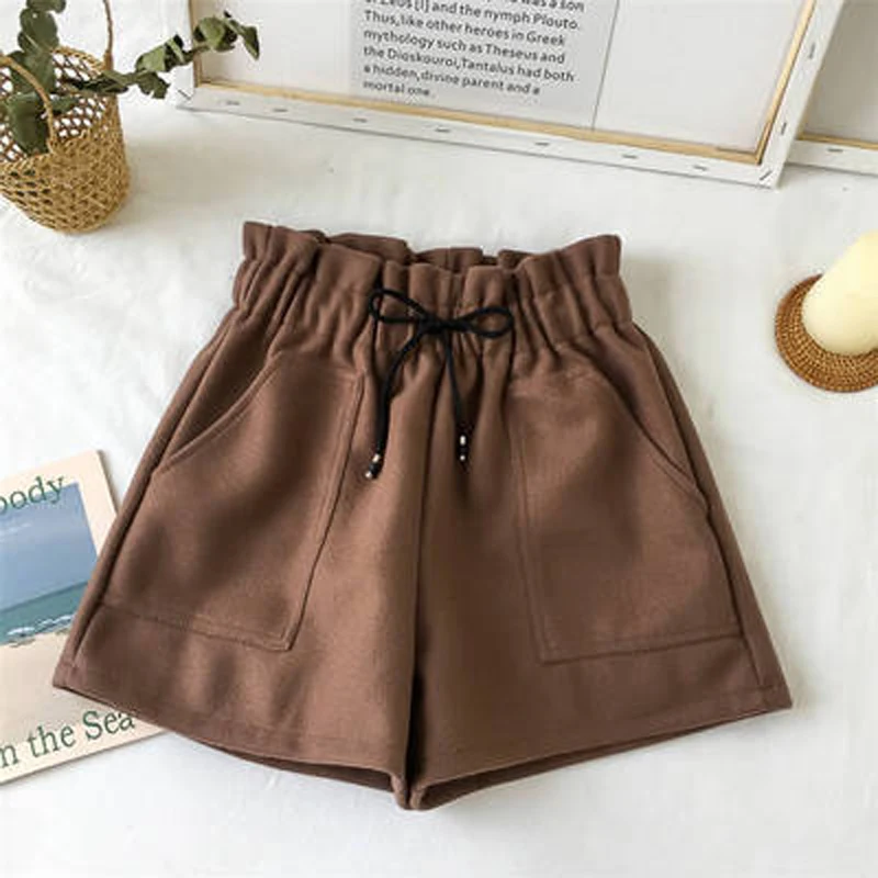 2023 New High Waist Wide Leg Black Brown Shorts Women Spring Autumn Solid Color Short Casual Ladies Woolen Shorts Elastic