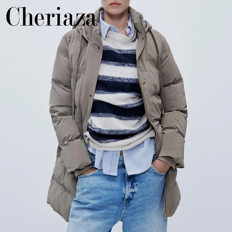

Cheriaza Winter Woman Black Hooded Pressed Rubber Cotton Jacket Warmth Long-sleeved Stand-up Collar Jackets Pocket Outerwear
