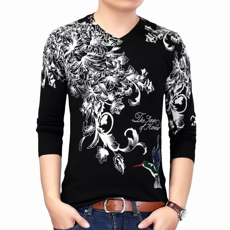 

2019 Fashion Pullover Flora Printed Sweater Mens Erkek Kazak Pull Homme Hiver Slim Fit Pull Homme Sweater Mens Chompas Hombre