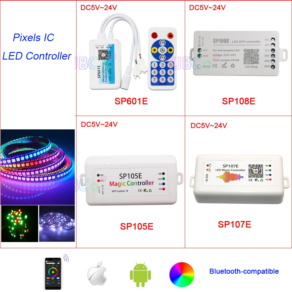 WiFi /Music RGB LED Controller Bluetooth-compatible DC 5V 12V 24V full color WS2812B WS2811 SMD 5050 RGB Pixels LED Strip Light