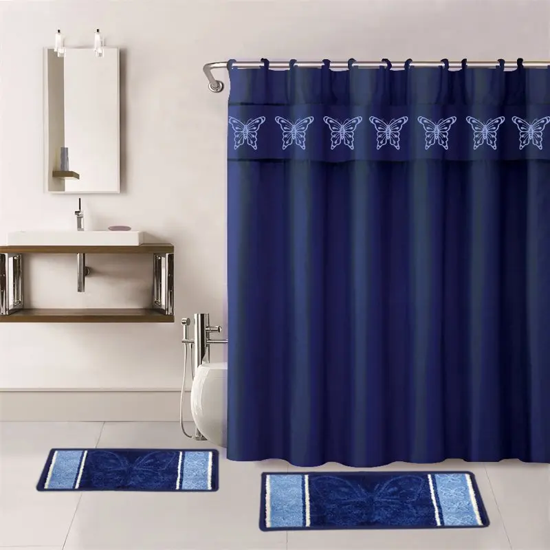 

15-P NAVY BUTTERFLY ANGEL Bathroom Bundle Mat Set, 2 (Two) Embossed Thick Bath Rugs, 1 (One) Embroidery Shower Curtain and 12 Fa