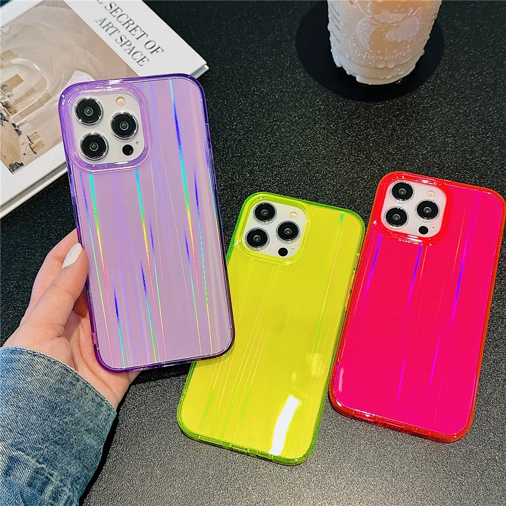 

New neon Fluorescence Aurora Phone Case For iPhone 14 Pro Max 13 12 11 Hard High Quality Soft Silicon Cover