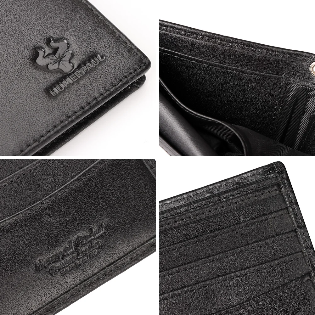 Short Genuine Leather Men Wallet Vintage Large-capacity Credit Card Holder Wallets RFID Protect Purse with Long Anti-theft Chain